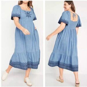 Old Navy Embroidered Chambray Flutter Sleeve Tie Back Dress XL